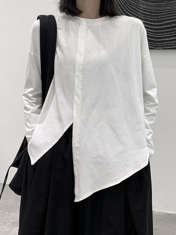 Long Sleeves Loose Asymmetric Solid Color Split-Front Split-Joint Round-Neck T-Shirts