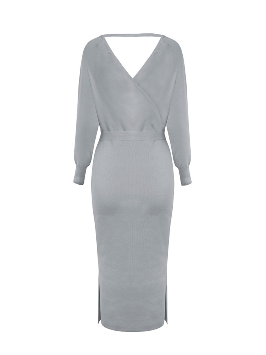 Lorene Tie Waist Midi Sweater Dress - Grey