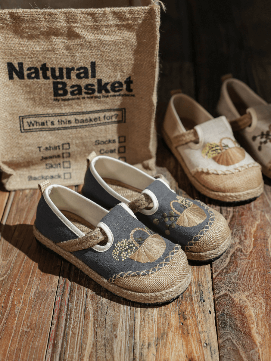 CACTUS ROSE | BASKET EMBROIDERED LINEN ESPADRILLE LOAFER - GREY