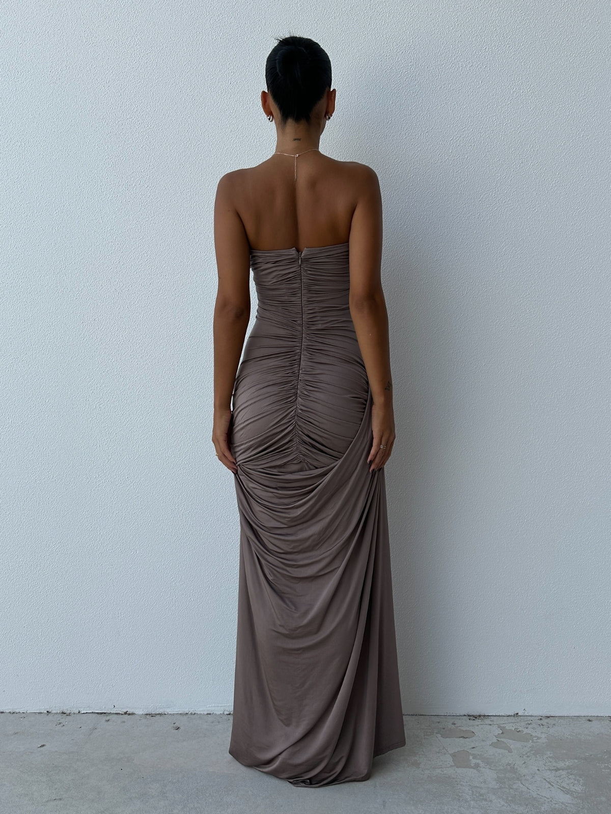 Sculpted Elegance Backless Pleated Gown