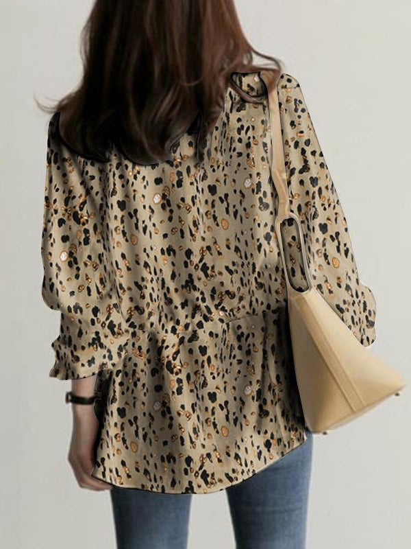 Long Sleeves Loose Drawstring Elasticity Leopard Tied V-Neck Blouses&Shirts Tops