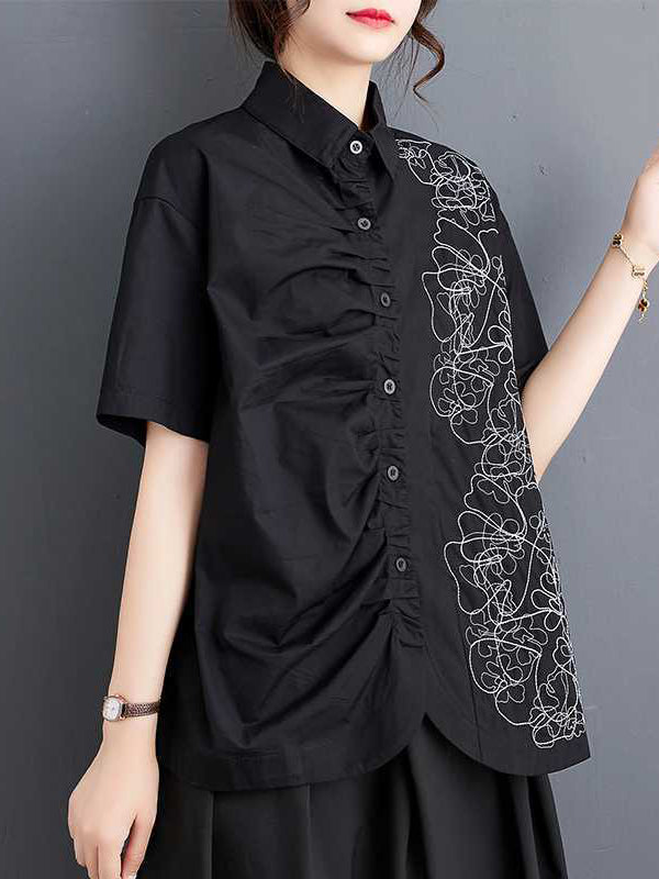 Irregularity Loose Buttoned Embroidered Pleated Lapel Collar Blouses&Shirts Tops