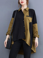 Artistic Retro Loose Split-Joint With Pocket Buttoned Lapel Collar Long Sleeves False Two Blouse