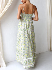 Fresh Lace Splicing Lemon Print Maxi Dress