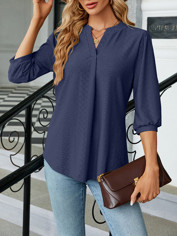 Loose Puff Sleeves Jacquard Pleated Solid Color Split-Joint V-Neck T-Shirts Tops