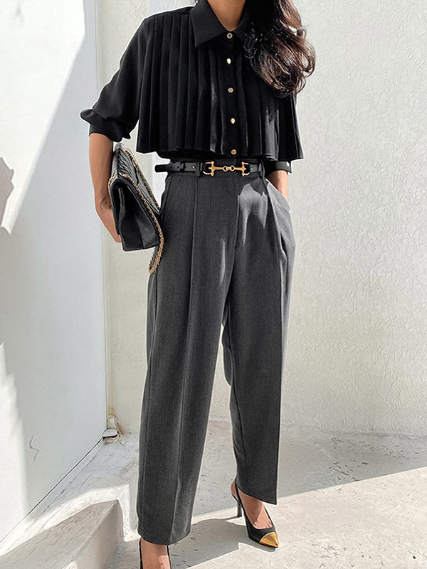 Long Sleeves Loose Pleated Split-Joint Lapel Blouses&Shirts Tops