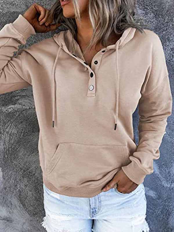 Long Sleeves Loose Drawstring Pockets Split-Joint Hooded Hoodies Tops