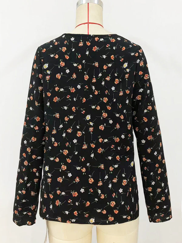 Long Sleeves Loose Flower Print Round-Neck Blouses&Shirts Tops