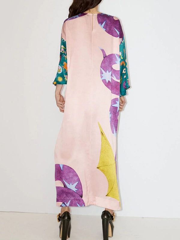 A-Line Long Sleeves Printed Split-Side Round-Neck Maxi Dresses