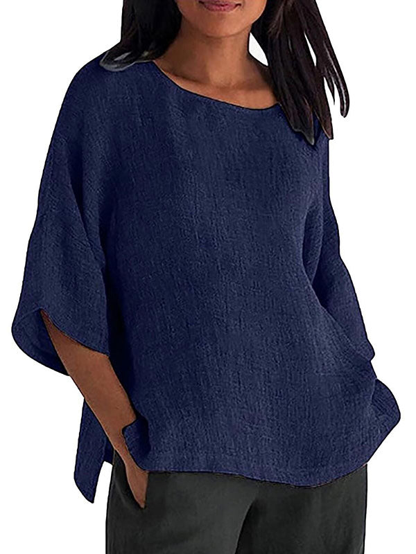 Linen Three-Quarter Sleeves Solid Color Split-Joint Split-Side Round-Neck T-Shirts Tops