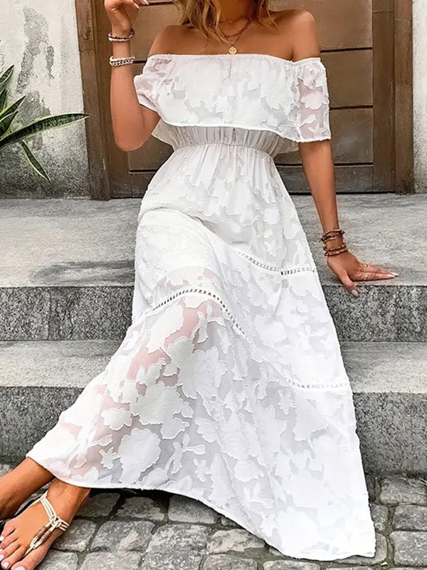 A-line Loose Elasticity Flower Print See-Through Solid Color Split-Joint Off-the-shoulder Midi Dresses