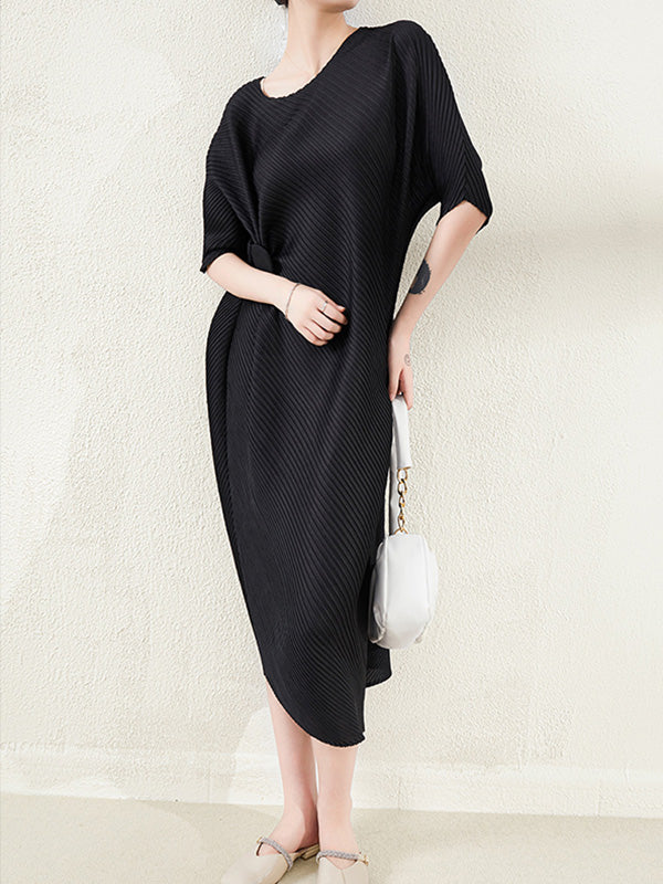 Stylish Irregularity Loose Pleated Solid Color Round-Neck Midi Dresses