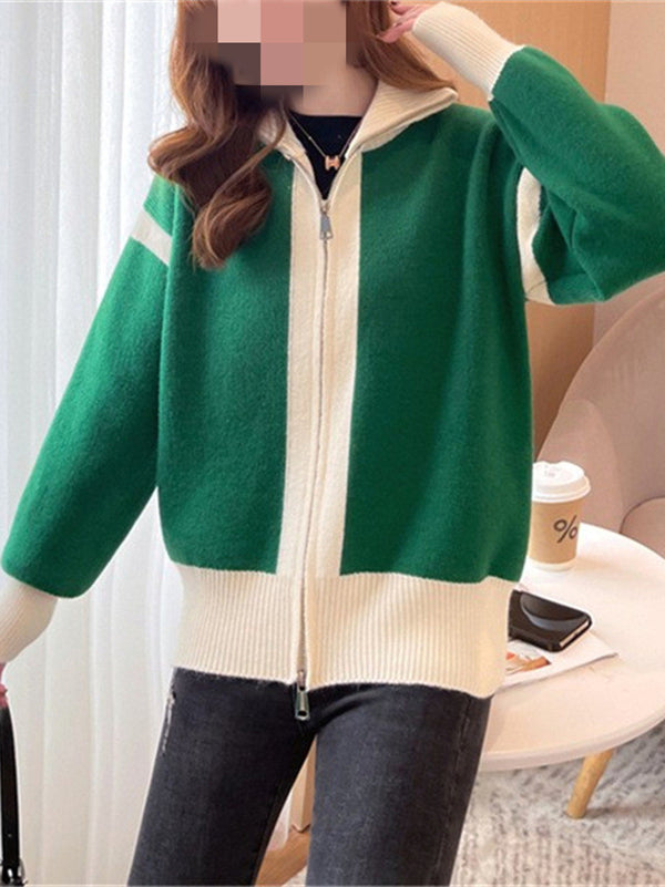 Casual Long Sleeves Contrast Color Zipper Stand Collar Cardigan Tops