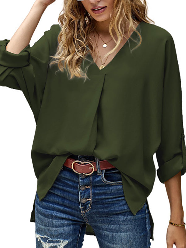 High-Low Loose Buttoned Solid Color V-Neck T-Shirts Tops