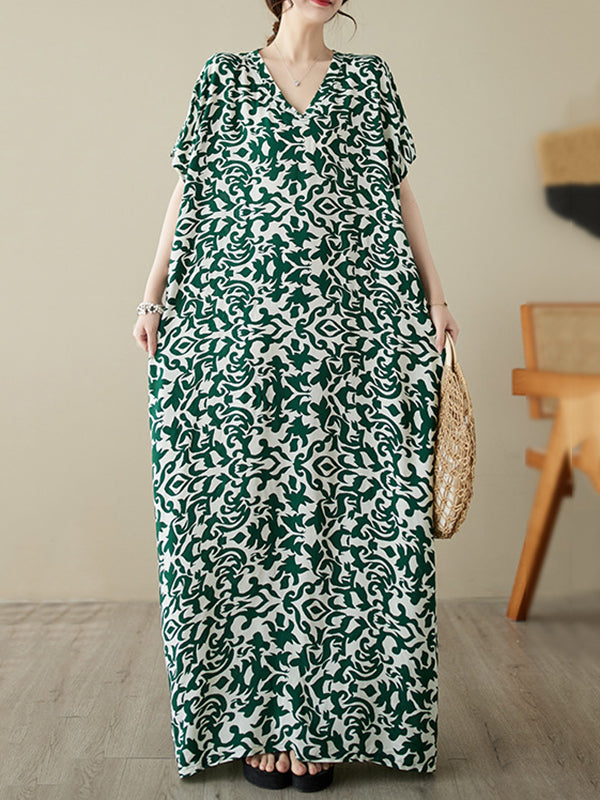 Batwing Sleeves Loose Floral Printed V-Neck Maxi Dresses