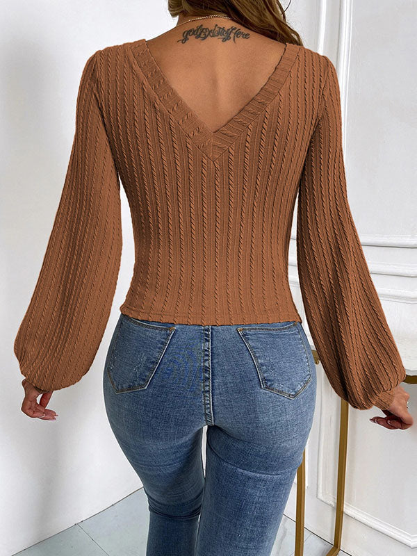 Long Sleeves Puff Sleeves Solid Color V-Neck T-Shirts Tops