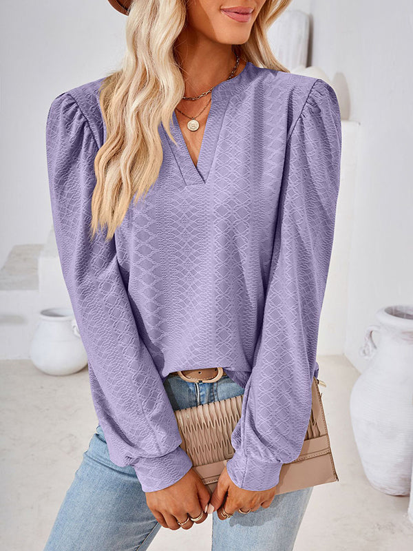 Long Sleeves Loose Jacquard Solid Color V-neck T-Shirts Tops