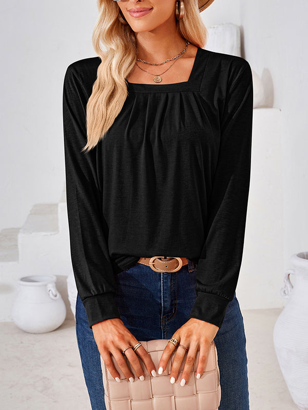 Long Sleeves Loose Pleated Solid Color Square-Neck T-Shirts Tops