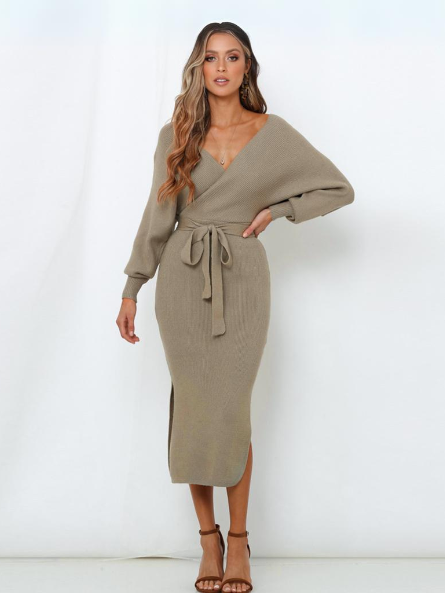 Lorene Tie Waist Midi Sweater Dress - Khaki