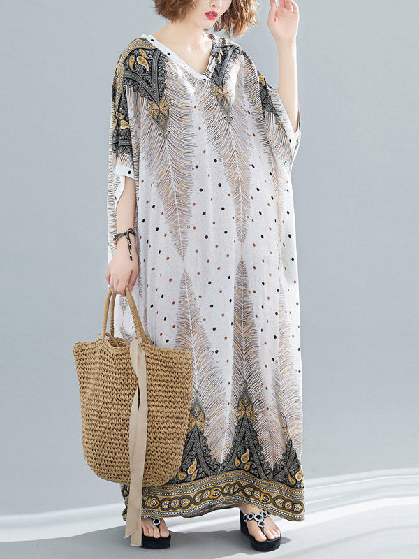 Ethnic Printed Plus Size V-Neck Batwing Sleeve Maxi Dress