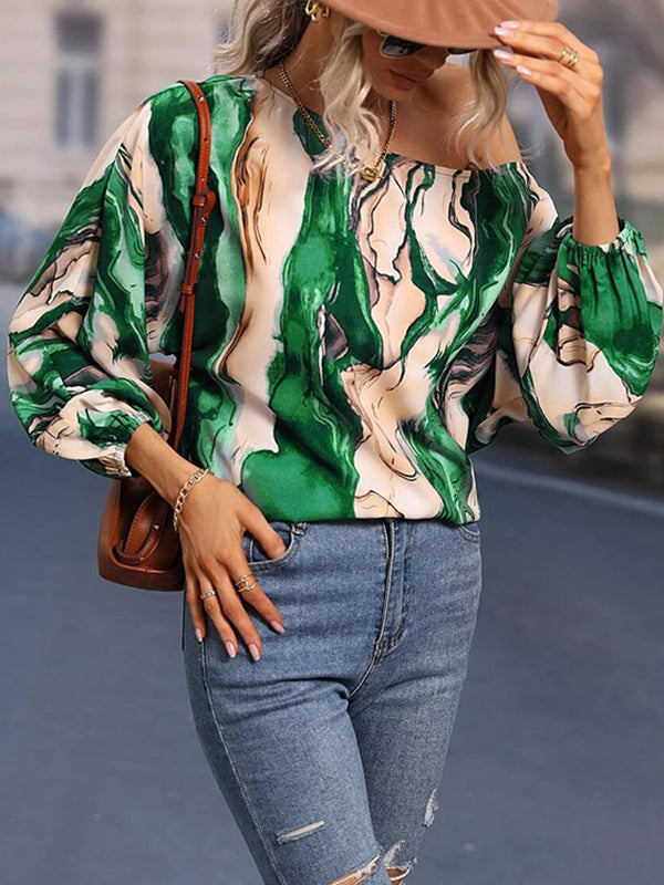 Long Sleeves Loose Asymmetric Printed One-Shoulder Blouses&Shirts Tops