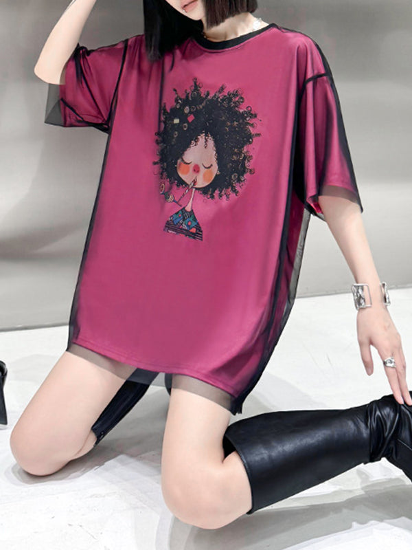 False Two Loose Gauze Printed Split-Joint Tiered Round-Neck T-Shirts Tops