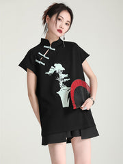 Original Stylish Printed Buttoned Stand Collar T-Shirt Top