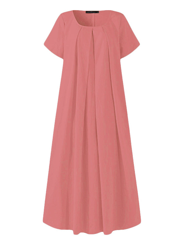 Simple Solid Color U-Neck Pleated Short Sleeves Maxi Dress