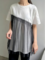 Loose Short Sleeves Asymmetric Mesh Split-Joint Round-Neck T-Shirts Tops