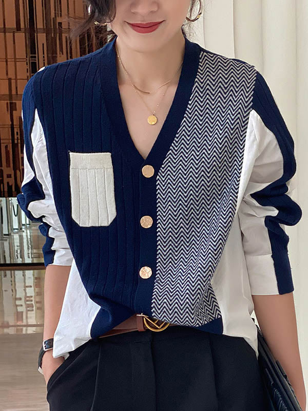 Original Loose Irregular Split-Joint Buttoned V-Neck Long Sleeves Sweater Blouse