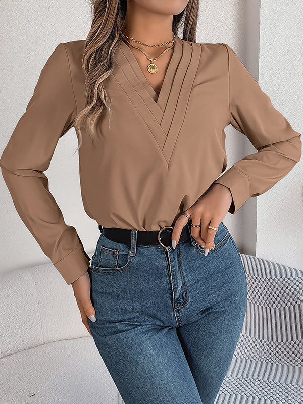 Long Sleeves Loose Pleated Solid Color Split-Joint V-Neck T-Shirts Tops