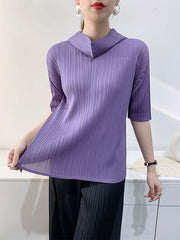 Half Sleeves Hooded Pleated Solid Color Mock Neck T-Shirts Tops