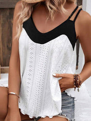 Loose Sleeveless Contrast Color Hollow Split-Joint Spaghetti-Neck Vest Top