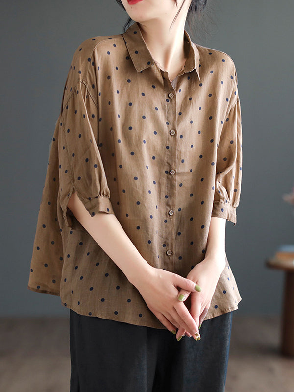 Half Sleeves Loose Polka-Dot Lapel Blouses&Shirts Tops