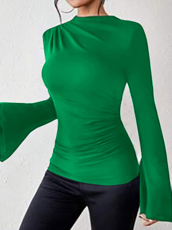 Flared Sleeves Long Sleeves Pleated Solid Color Boat Neck Skinny T-Shirts