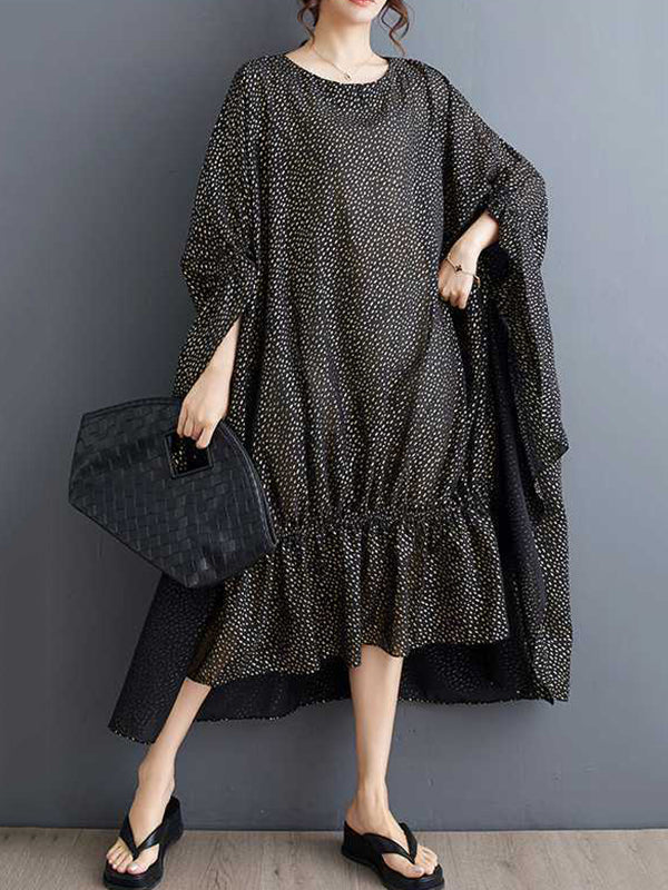 Batwing Sleeves Half Sleeves Elasticity Polka-Dot Split-Joint Round-Neck Midi Dresses