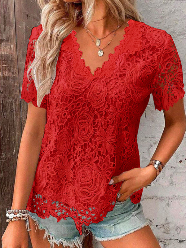 Loose Plus Size Embroidered Hollow Solid Color Split-Joint V-Neck T-Shirts Tops