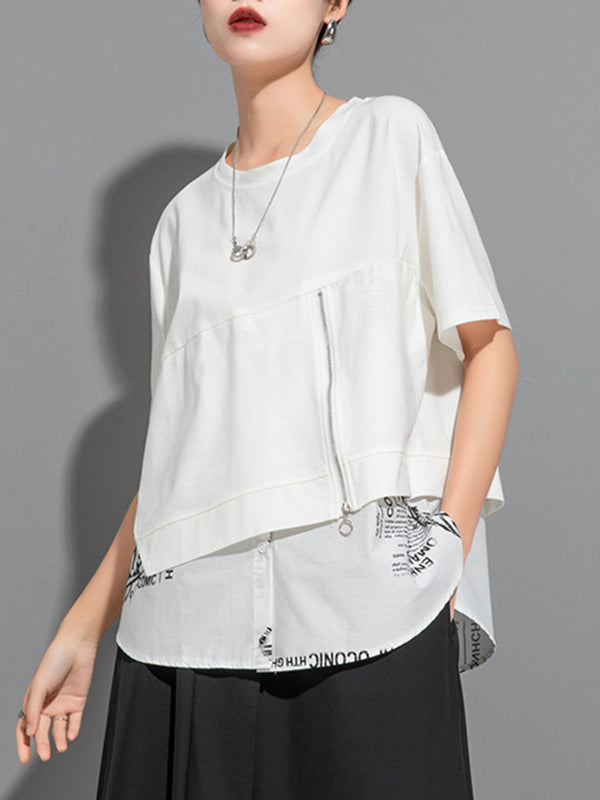 False Two Loose Printing Split-Joint Round-Neck T-Shirts Tops