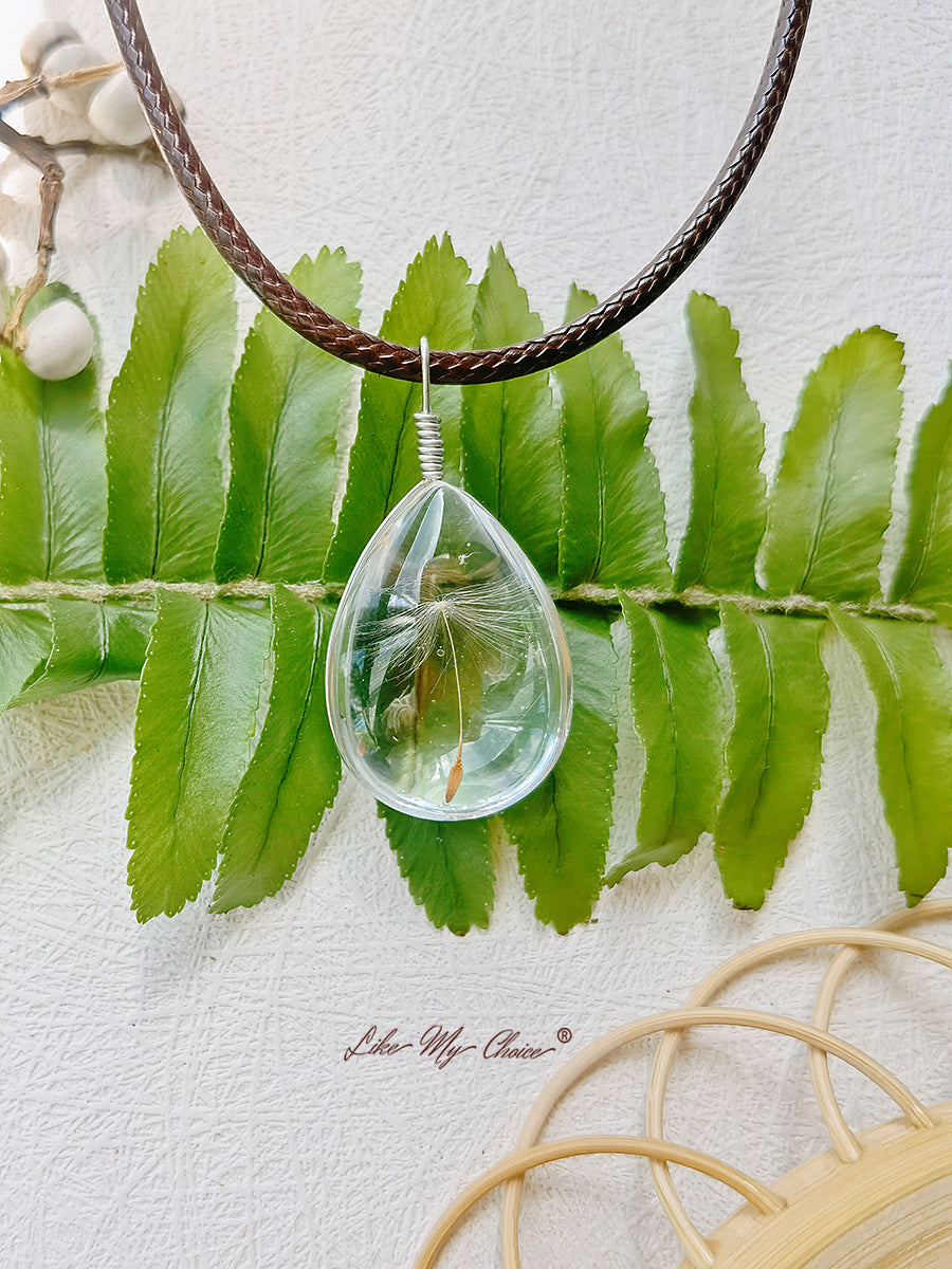 Preserved Flower Necklace Double Sided Dandelion Clover Pendant