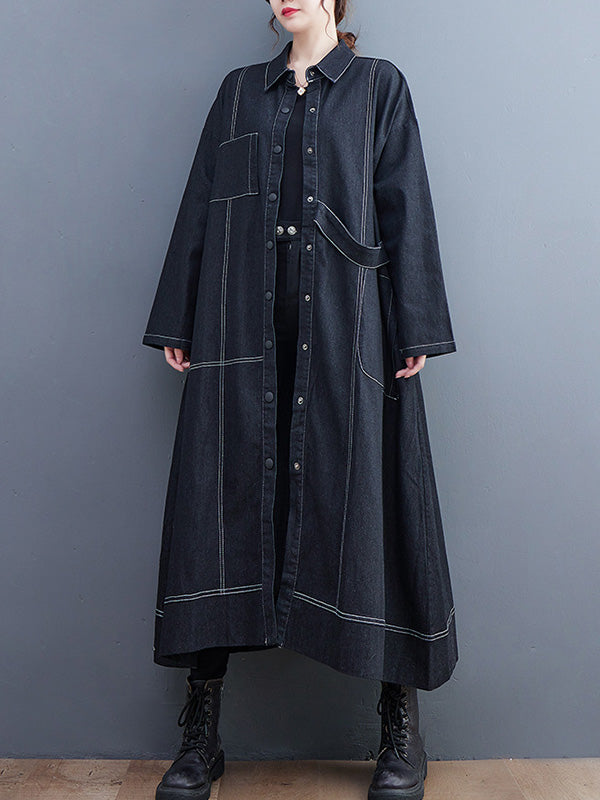 Casual Loose Long Sleeves Buttoned Lapel Collar Denim Trench Coats