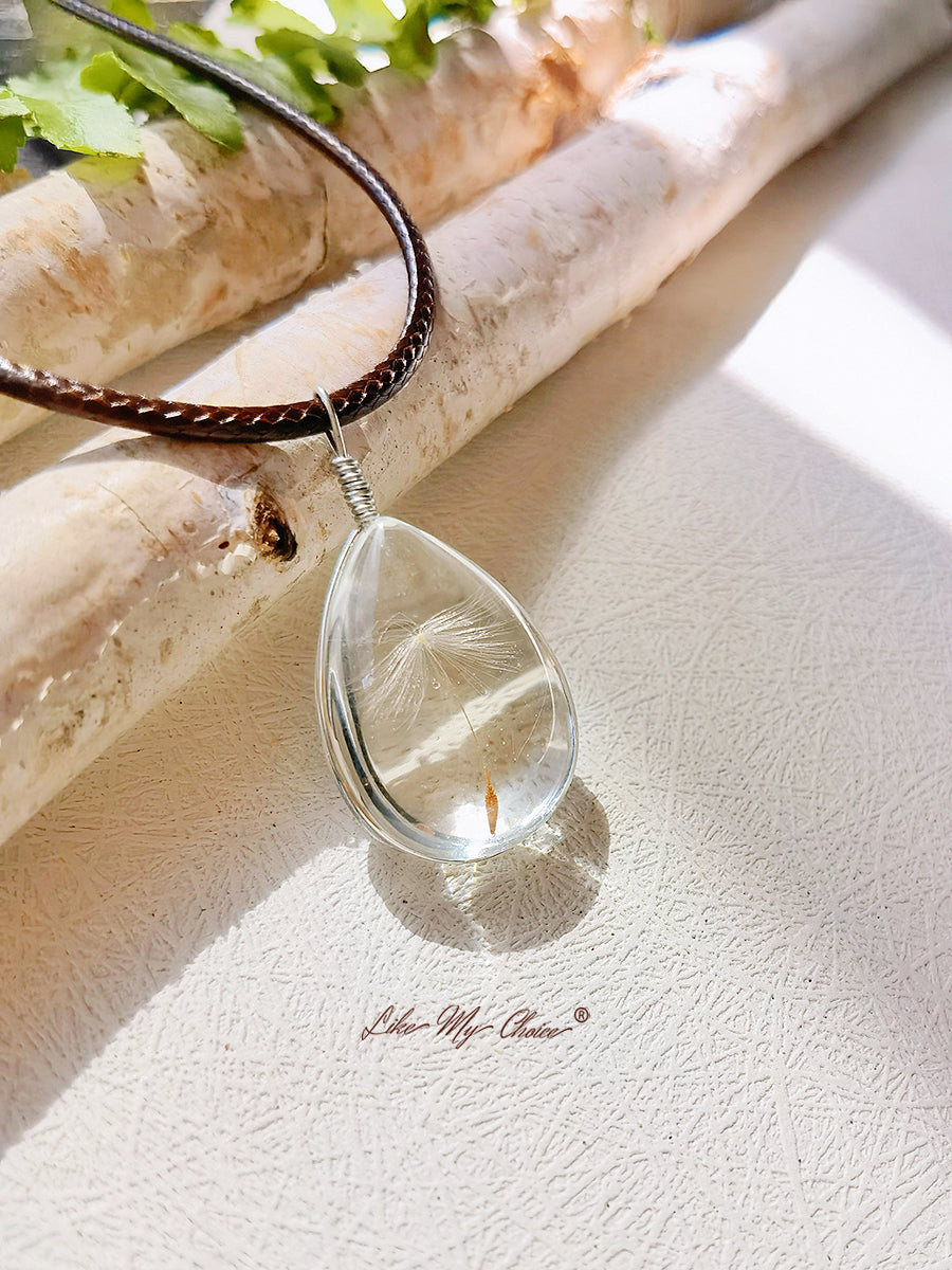 Preserved Flower Necklace Double Sided Dandelion Clover Pendant