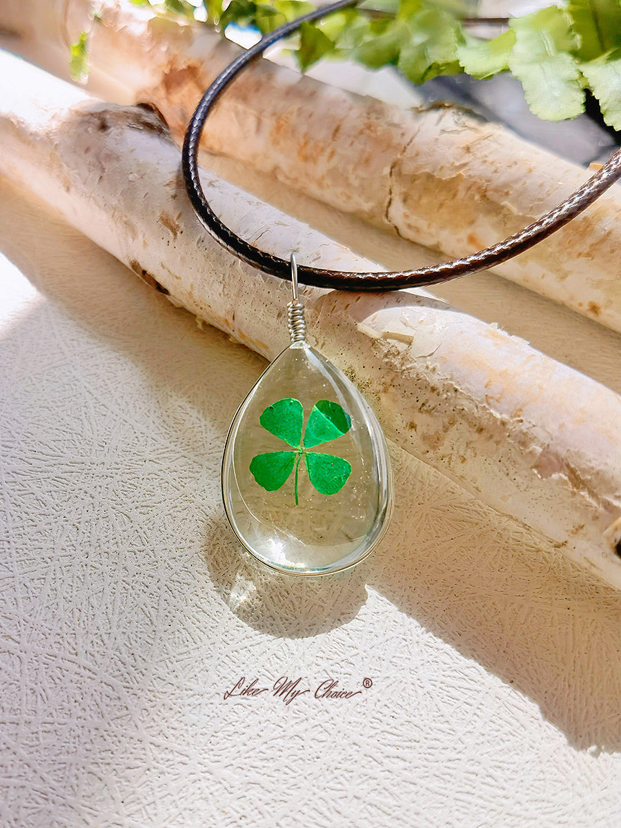 Preserved Flower Necklace Double Sided Dandelion Clover Pendant