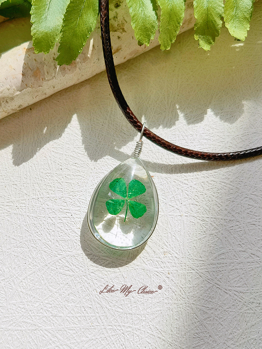 Preserved Flower Necklace Double Sided Dandelion Clover Pendant