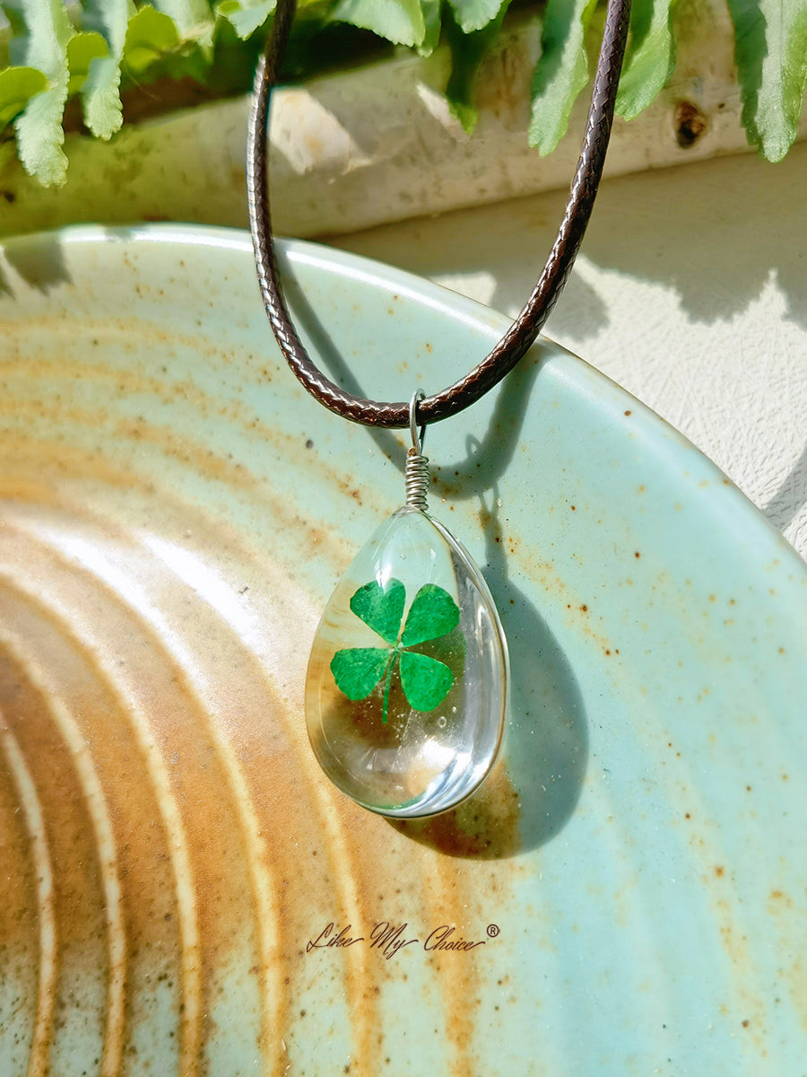 Preserved Flower Necklace Double Sided Dandelion Clover Pendant