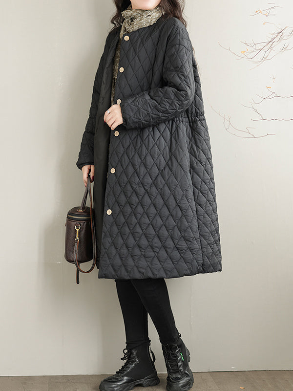 Long Sleeves Loose Buttoned Cotton-Padded Clothes Quilted Round-Neck Padded Coat Padded Coat/Down Coat