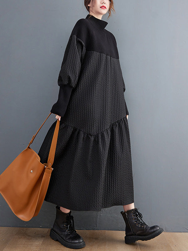 Casual Long Sleeves Loose Split-Joint Jacquard High-Neck Sweater Dresses