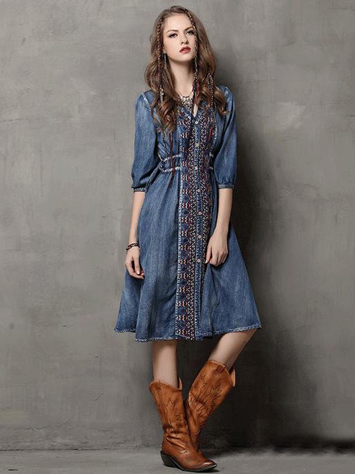 Vintage Oversize Embroidery Denim Dress