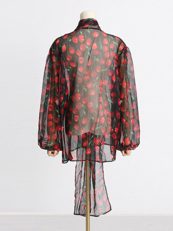 Long Sleeves Loose Flower Print See-Through Shawl Collar Blouses&shirts Tops