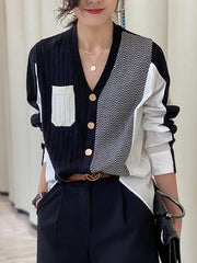 Urban Long Sleeves Contrast Color Split-Joint V-Neck Cardigan Tops