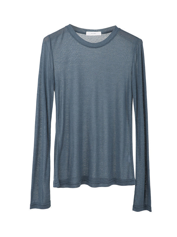 Long Sleeves Skinny See-Through Solid Color Round-Neck T-Shirts